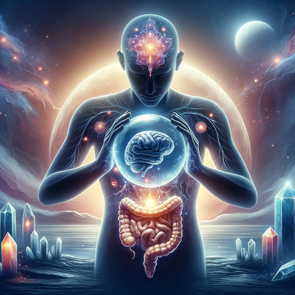 A-visually-striking-illustration-depicting-a-person-holding-a-crystal-ball-with-a-reflection-of-the-brain-and-gut-inside-the-sphere.