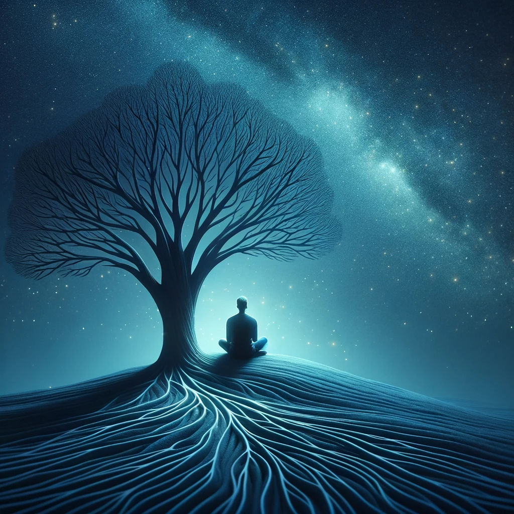 A-tranquil-image-of-a-person-sitting-under-a-tree-at-night-gazing-at-a-starry-sky.-The-person-is-in-a-reflective-pose-symbolizing-introspection