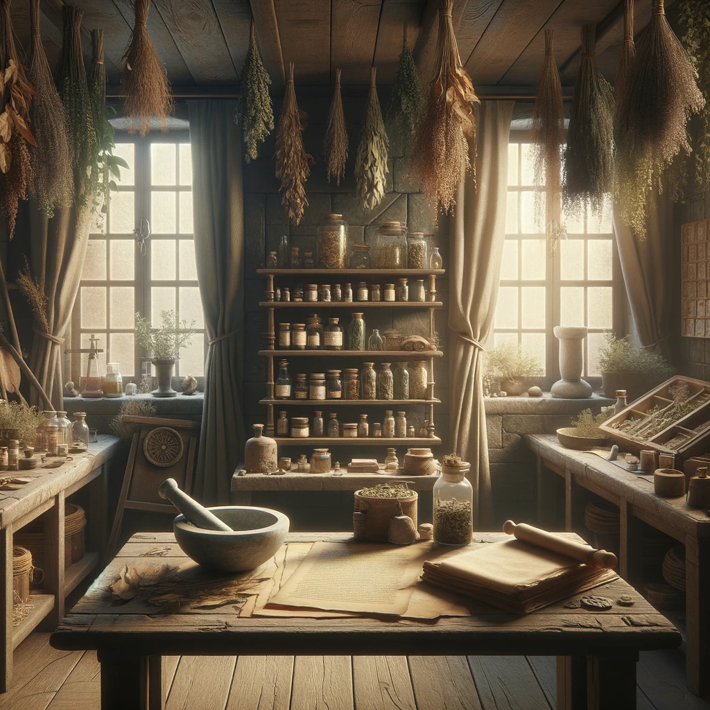 an-ancient-herbalists-workshop-depicting-a-serene-and-mystical-environment.-The-scene-shows-a-room-filled-with-dried-herbs-hanging-from-the-ceiling