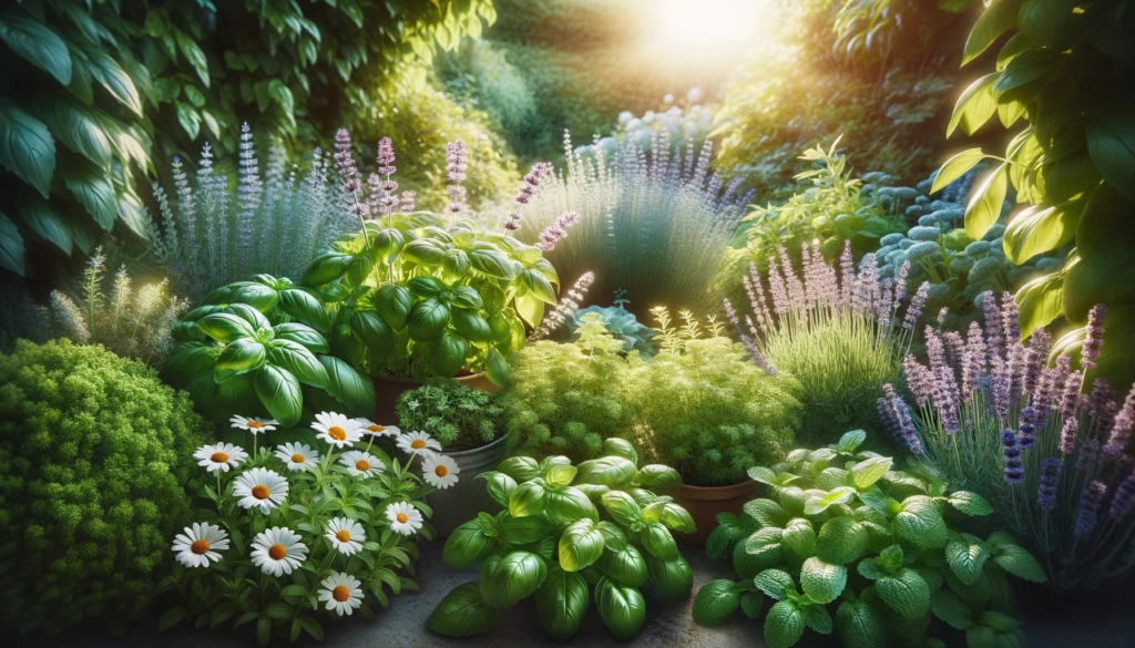 A-serene-garden-with-a-variety-of-herbs-including-basil-mint-lavender-chamomile-and-parsley.-The-garden-is-bathed-in-soft-sunlight-showcasing