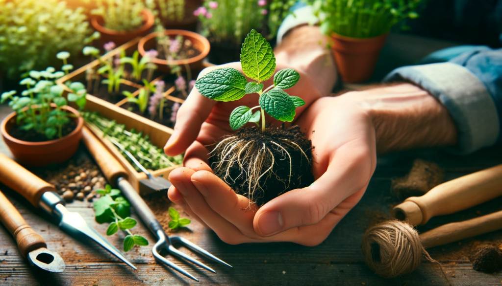 A-detailed-image-of-a-person-holding-a-small-green-herb-plant-with-roots-ready-to-be-planted-in-a-garden