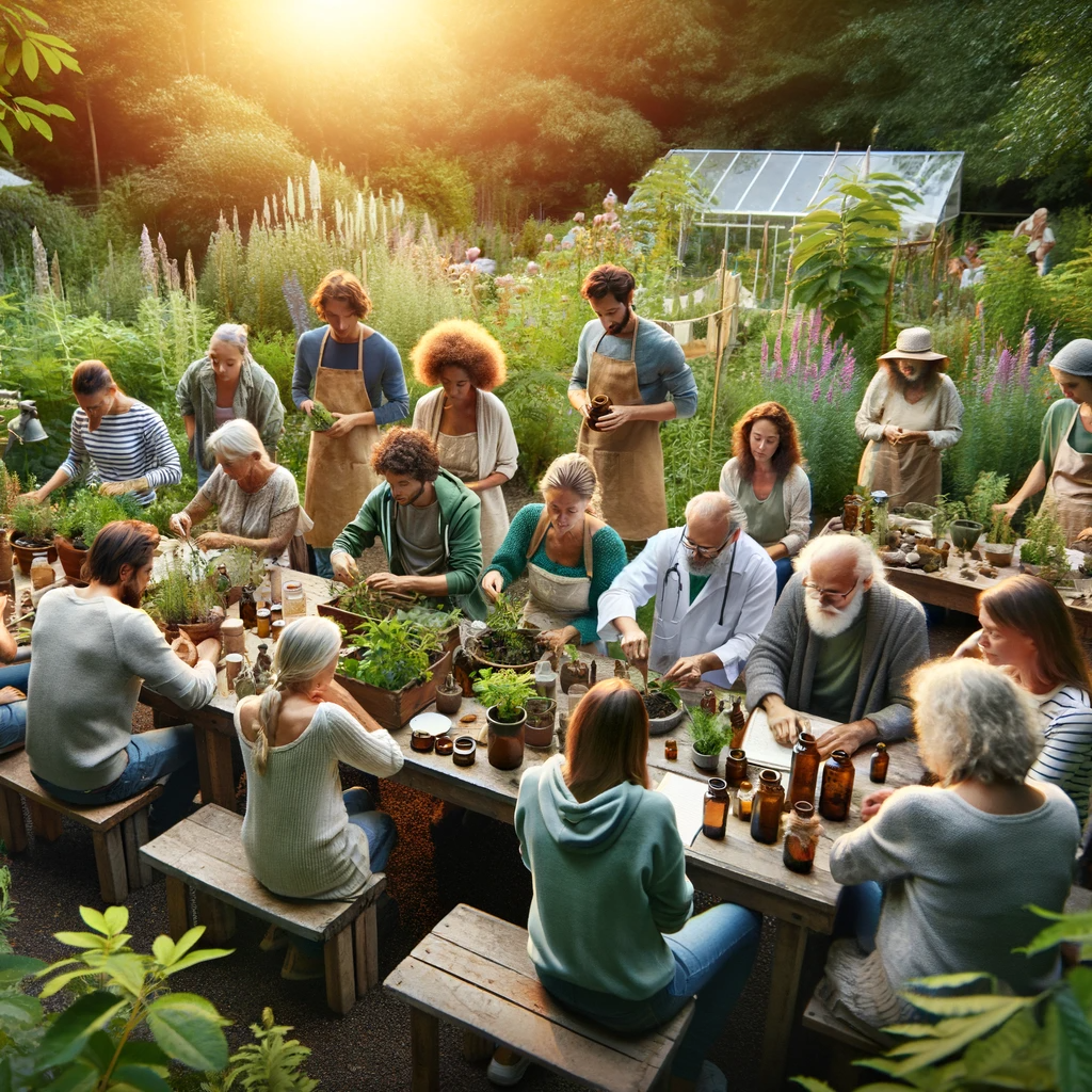 An-image-showing-a-group-of-people-participating-in-an-herbal-workshop.-The-scene-is-set-outdoors-in-a-lush-garden-with-participants-of-diverse-ages