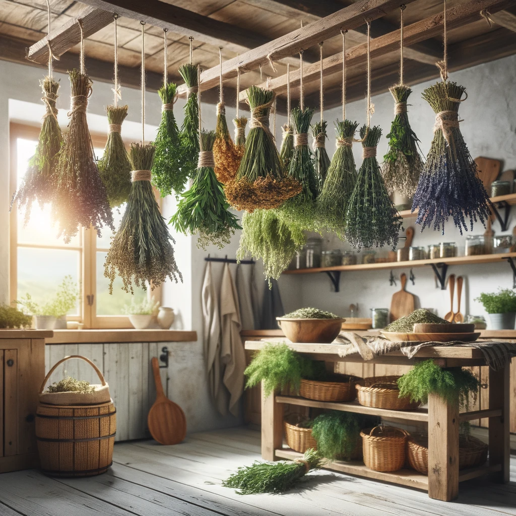 An-image-showing-the-process-of-air-drying-herbs.-It-features-a-bunch-of-mixed-herbs-like-rosemary-thyme-and-lavender-hanging-upside-down