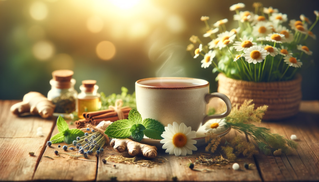 A-serene-setting-with-a-cup-of-steaming-herbal-tea-surrounded-by-various-fresh-herbs-like-chamomile-peppermint-and-ginger.-The-background-is-softly