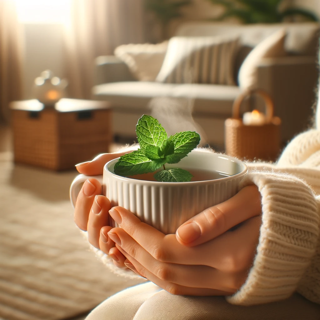 A-cozy-scene-showing-a-persons-hands-holding-a-steaming-cup-of-peppermint-tea.-The-background-features-a-softly-lit-comfortable-living-room