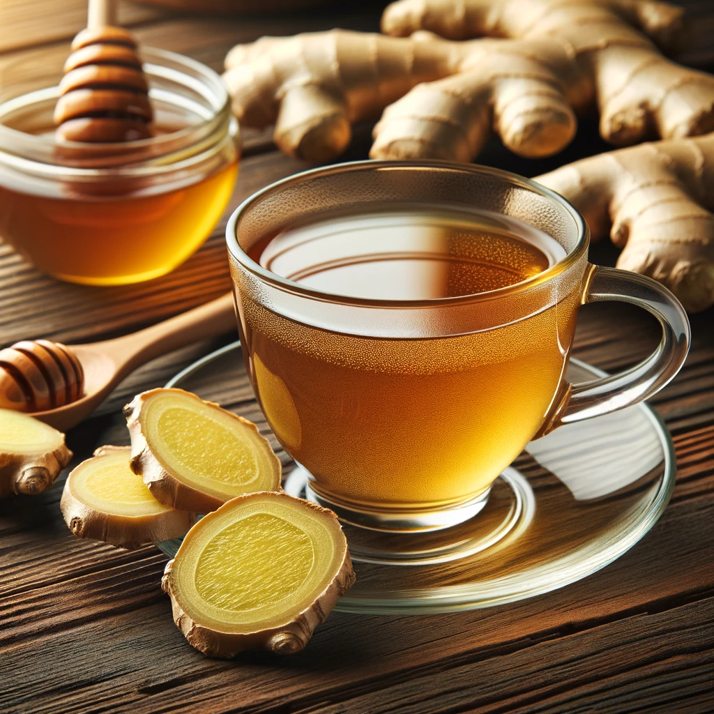Image-of-freshly-brewed-ginger-tea-in-a-transparent-glass-cup-placed-on-a-wooden-table.-Slices-of-fresh-ginger-and-a-spoon-with-honey-are-nearby