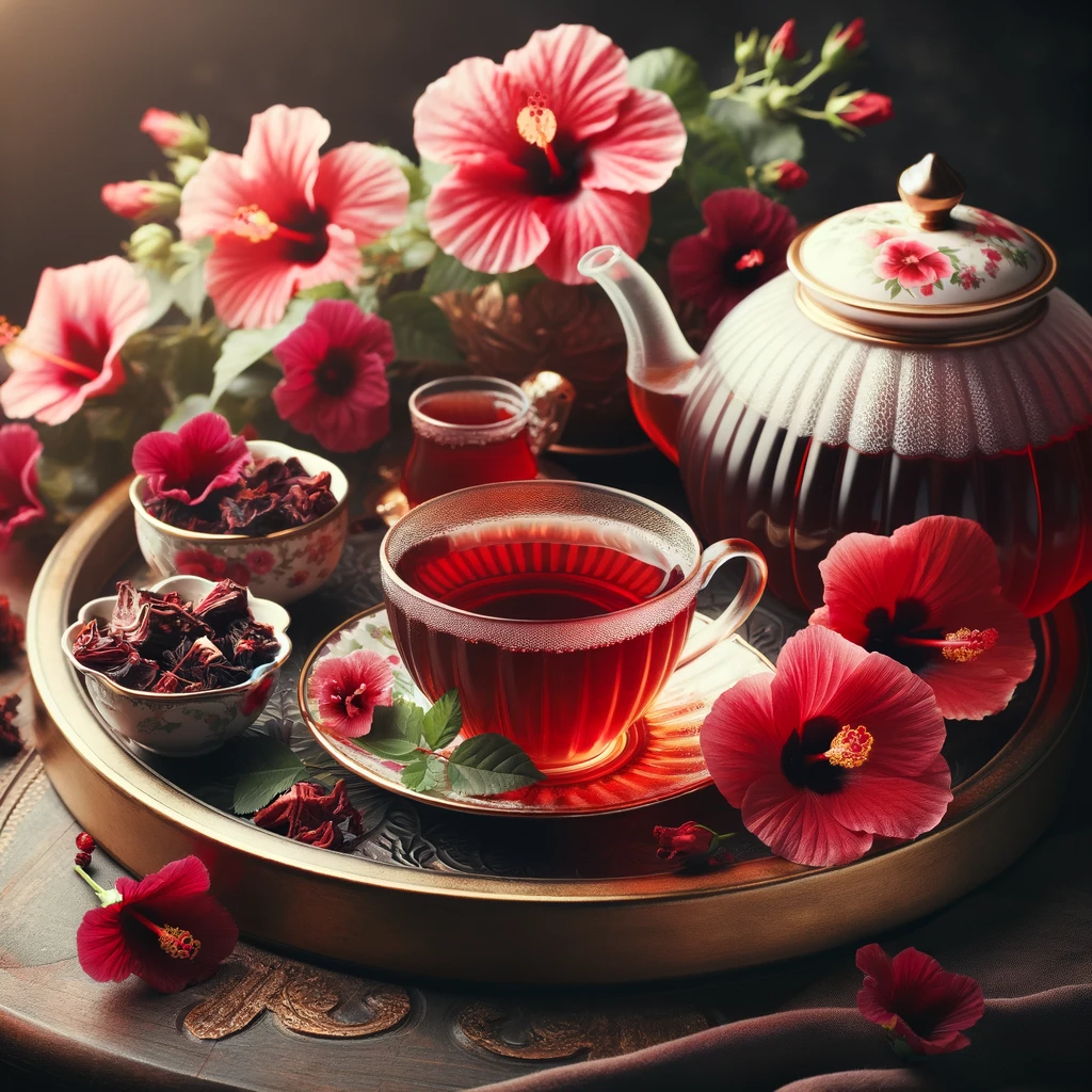 An-elegant-setup-of-a-tea-party-featuring-hibiscus-tea.-The-image-shows-a-beautifully-arranged-table-with-a-teapot-cups-filled-with-deep-red-hibiscus