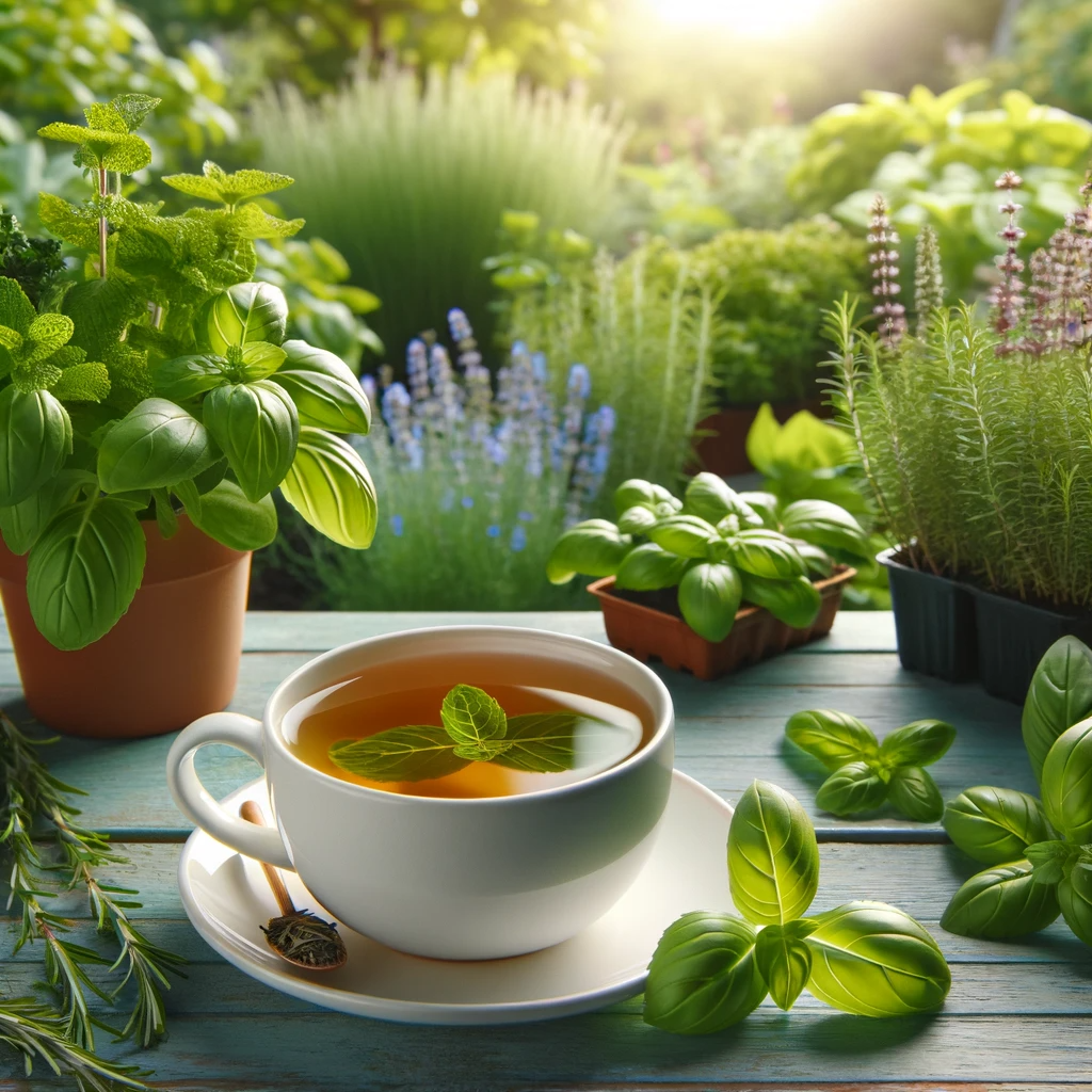 A-tranquil-scene-of-a-cup-of-herbal-tea-in-a-garden-setting-with-a-variety-of-herbs-like-mint-rosemary-and-basil-growing-in-the-background.