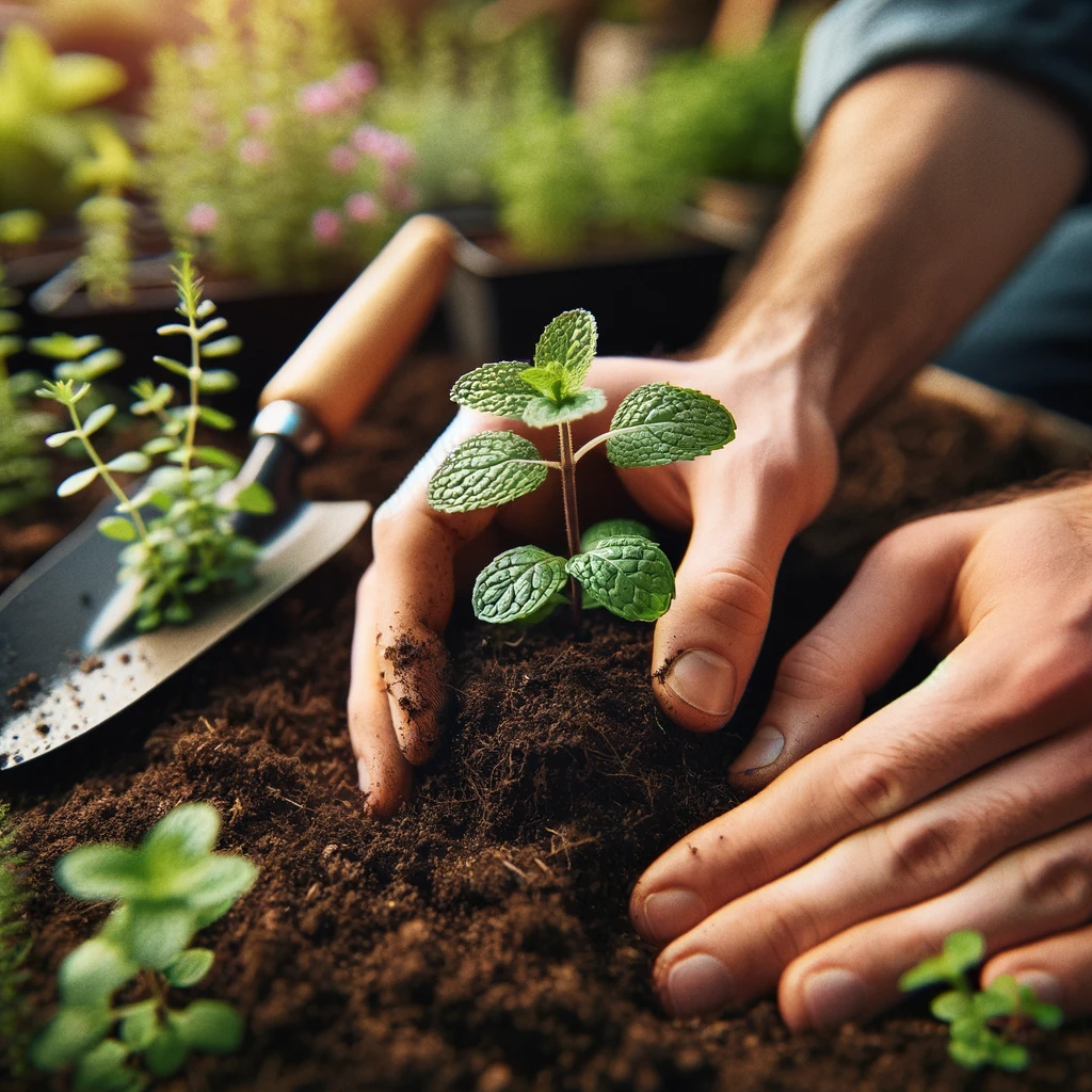 A-close-up-image-of-a-gardeners-hands-planting-herb-seedlings-in-a-garden.-The-hands-are-gently-placing-a-young-mint-plant-into-prepared-soil