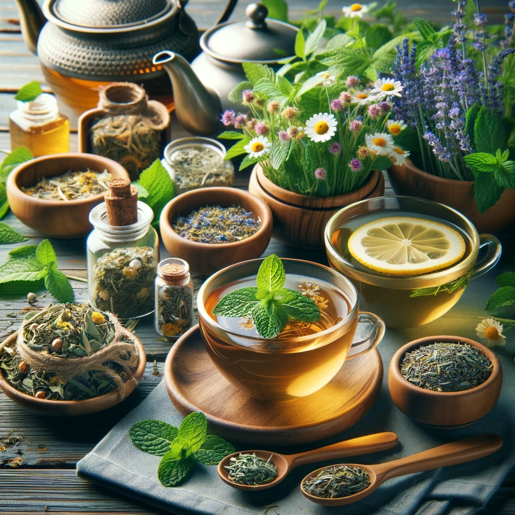 An-image-showing-a-variety-of-herbal-tea-preparations-from-homegrown-herbs.-The-scene-includes-several-cups-of-tea-each-made-from-different-herbs-