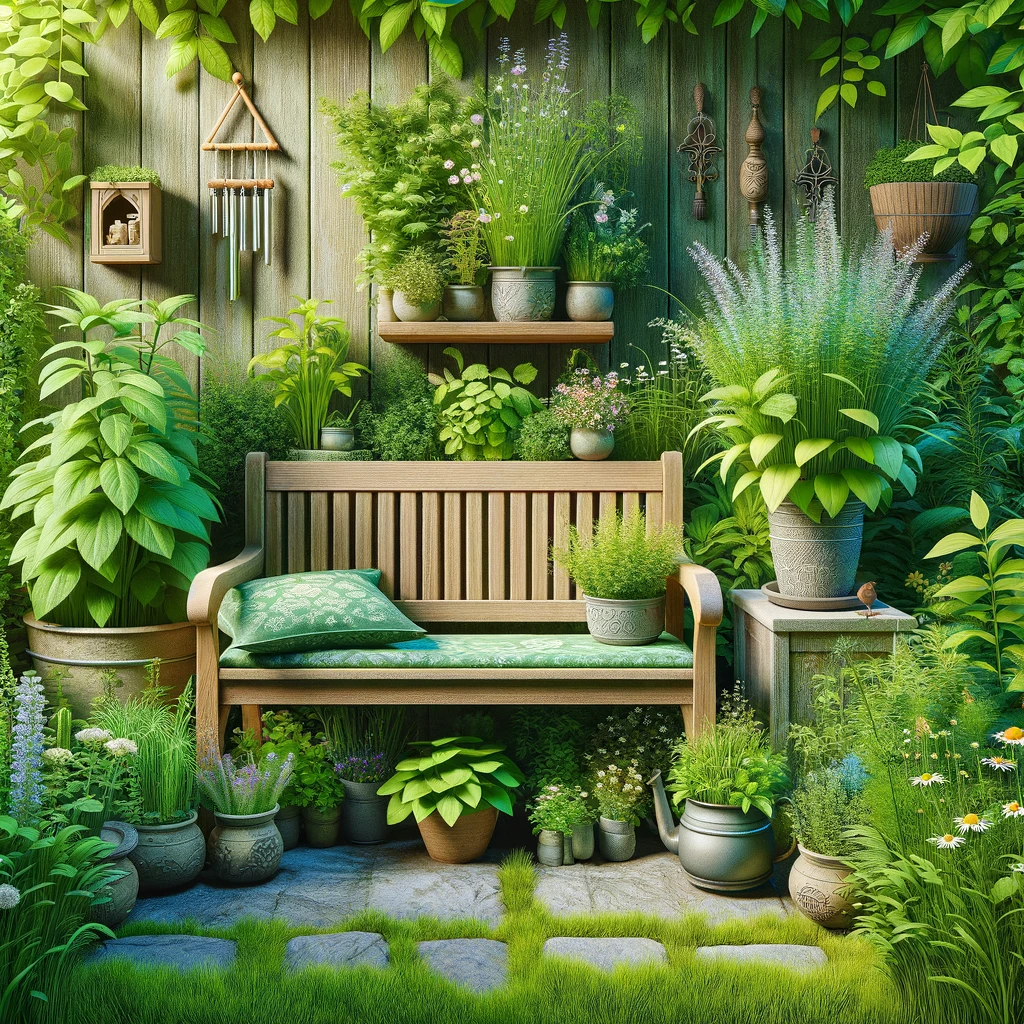 An-image-of-a-peaceful-garden-nook-with-a-small-bench-surrounded-by-lush-medicinal-herbs.-The-scene-includes-a-variety-of-green-leafy-herbs