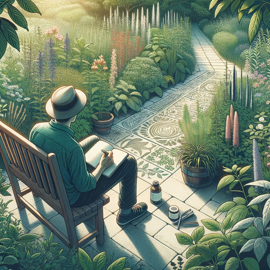 An-image-illustrating-a-peaceful-moment-of-reflection-in-a-herb-garden.-The-scene-shows-a-person-sitting-on-a-garden-bench-surrounded-by-lush-greener.