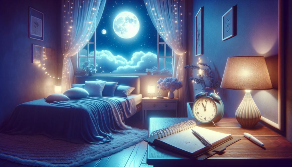 An-image-for-a-blog-article-about-lucid-dreaming.-The-scene-shows-a-tranquil-bedroom-at-night-softly-lit-by-moonlight-with-a-dream-journal-