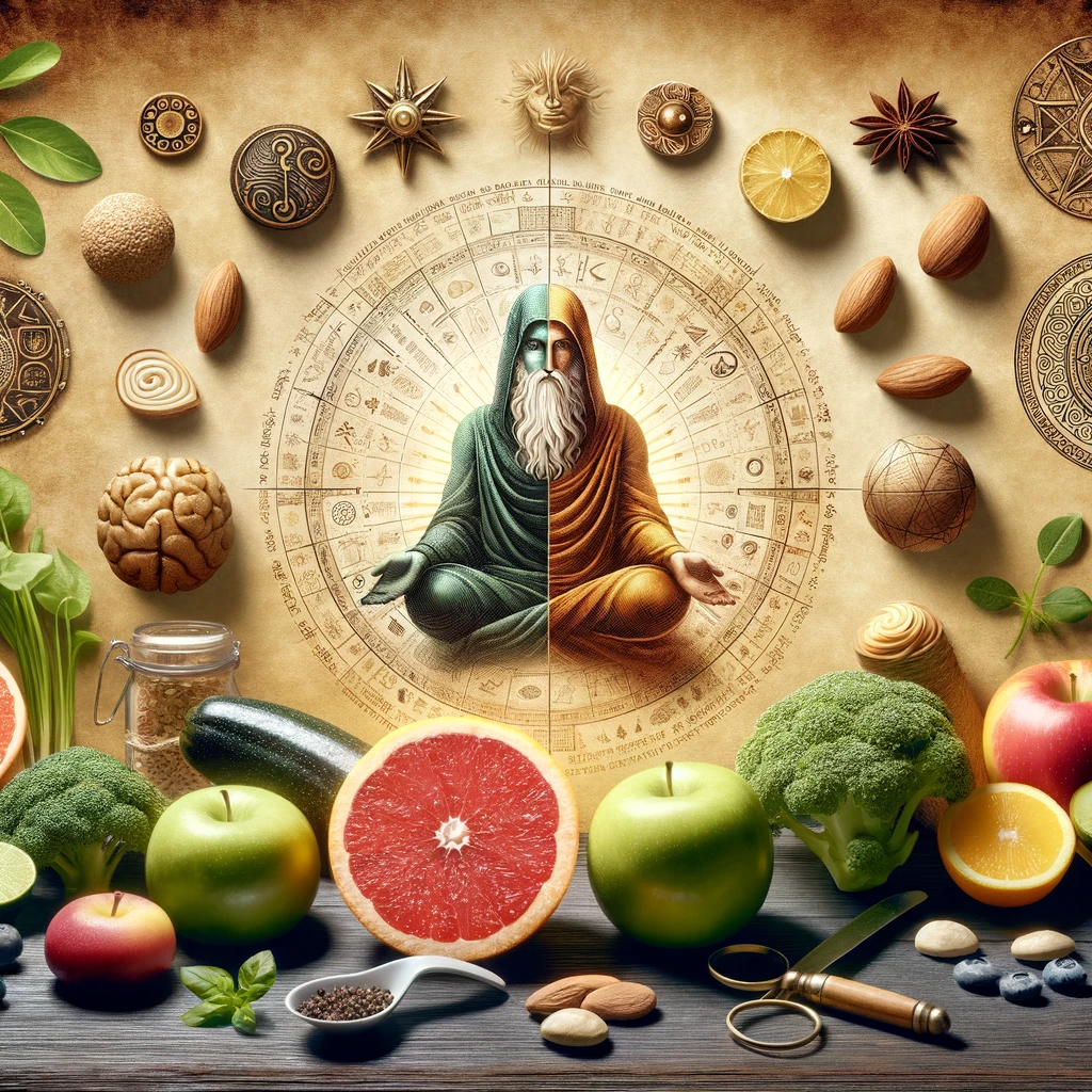 An-image-depicting-the-harmonious-relationship-between-holistic-nutrition-and-ancient-wisdom.-The-image-should-feature-symbolic-elements-of-ancient-