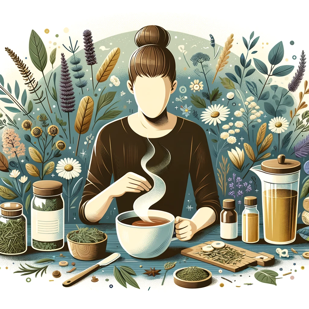 An-illustration-showing-a-person-preparing-herbal-tea-surrounded-by-a-variety-of-herbs-and-a-steaming-cup.-The-scene-conveys-a-sense-of-warmth