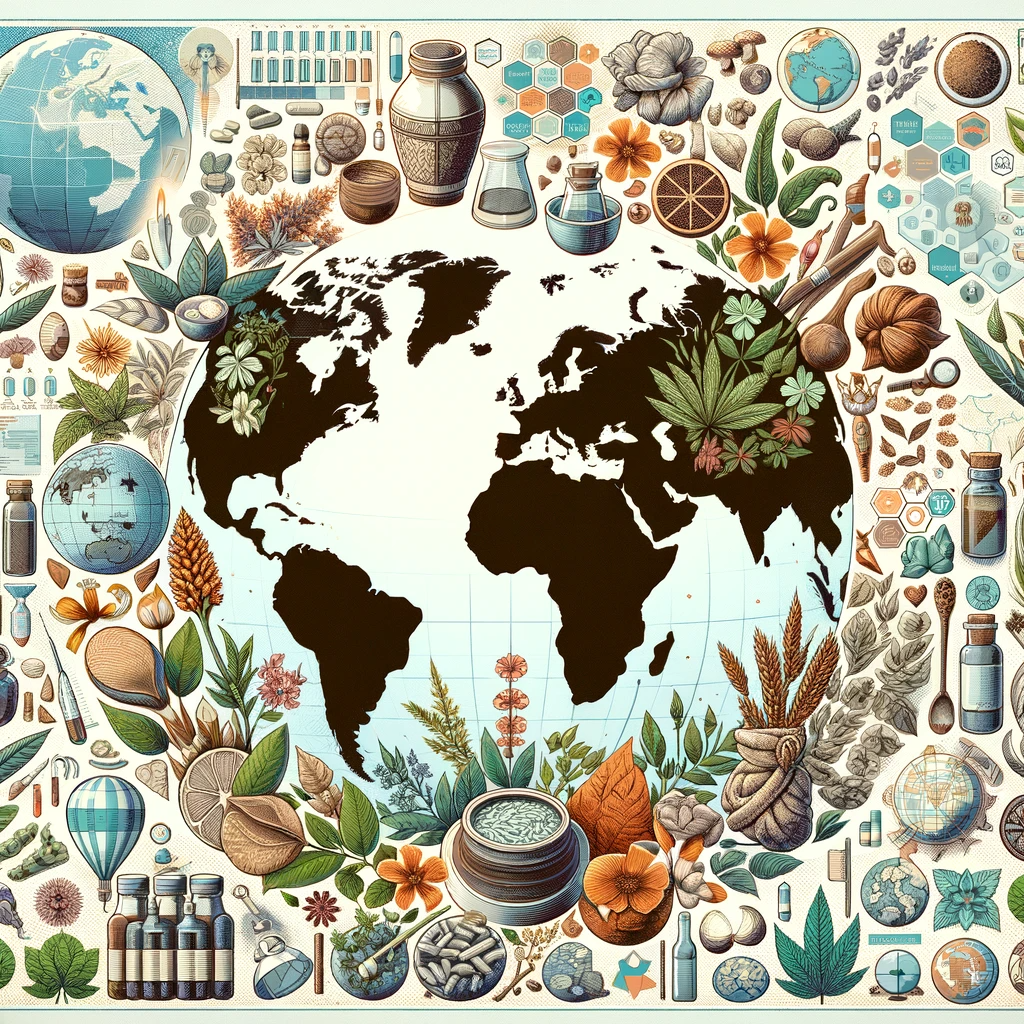 A-collage-featuring-various-aspects-of-medicinal-herbs-around-the-world.-The-image-includes-illustrations-of-traditional-herbal-medicine-practices