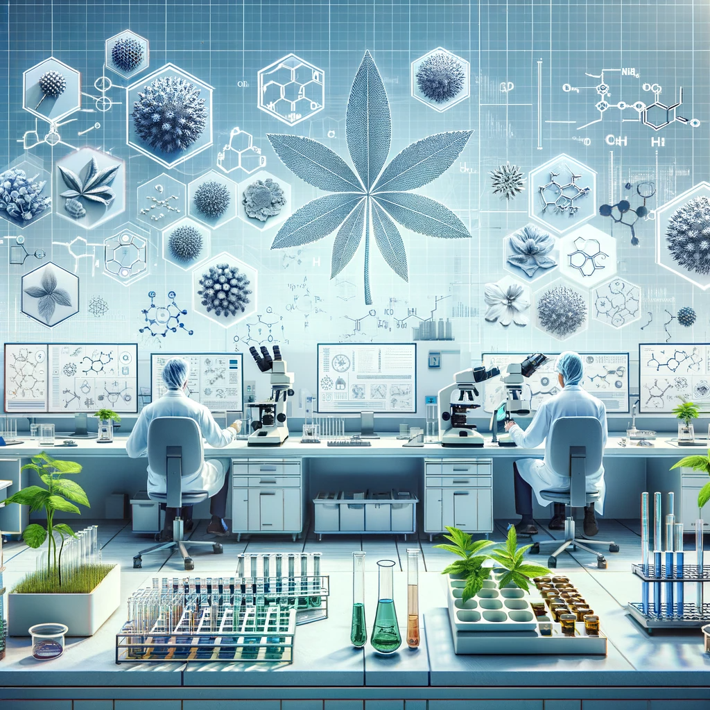 A-modern-laboratory-focused-on-herbal-medicine-research.-The-image-should-show-scientists-in-lab-coats-analyzing-various-medicinal-herbs-under-microscope