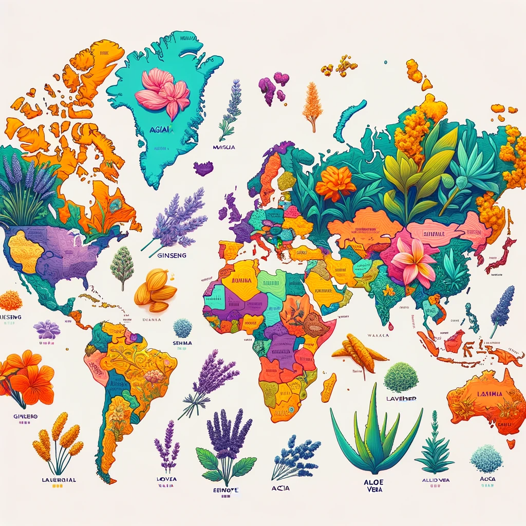 A-colorful-global-map-highlighting-regions-known-for-their-unique-medicinal-herbs.-The-map-should-feature-iconic-herbs-from-various-continents