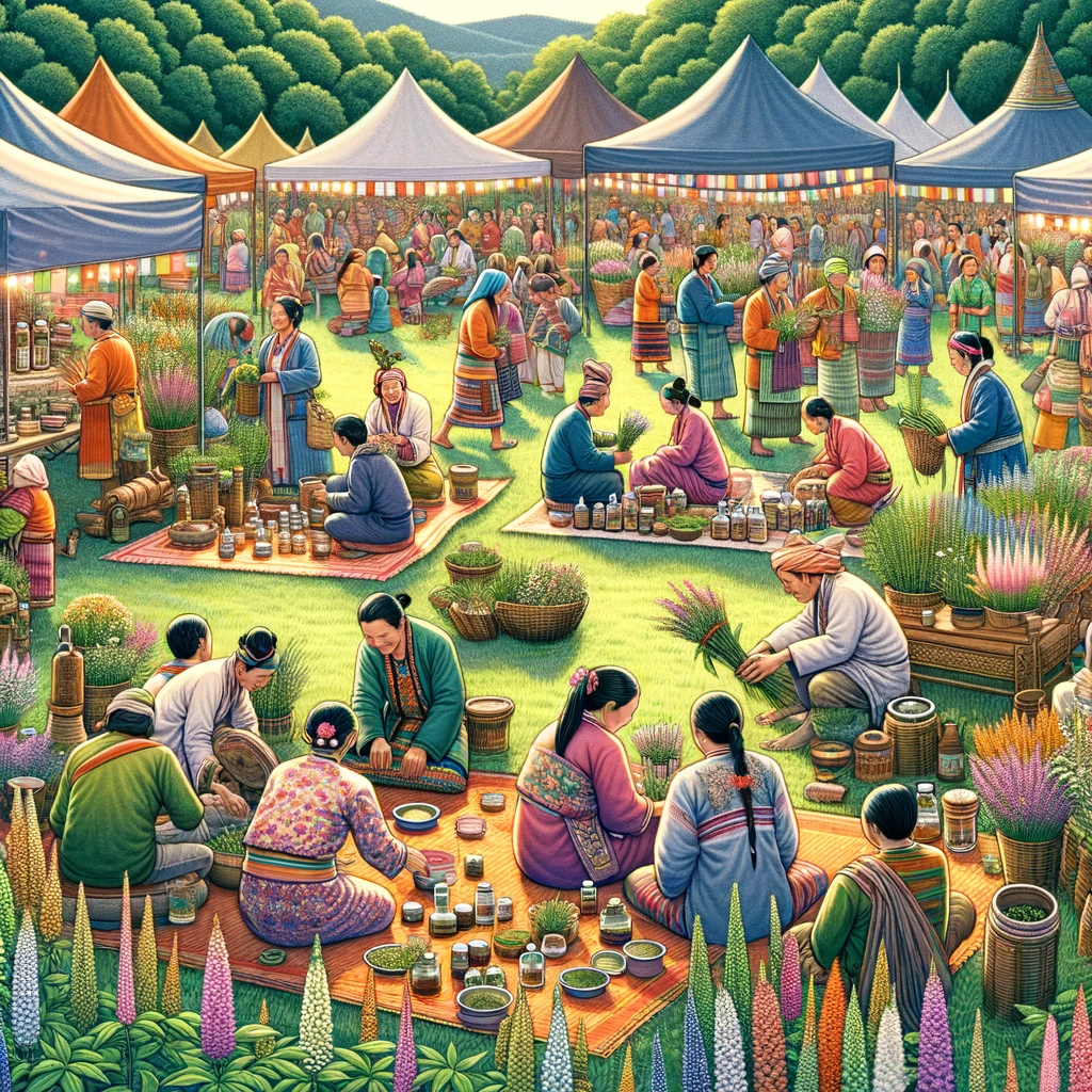 An-illustration-of-a-traditional-cultural-festival-celebrating-medicinal-herbs.-The-scene-should-depict-a-lively-outdoor-gathering-with-people
