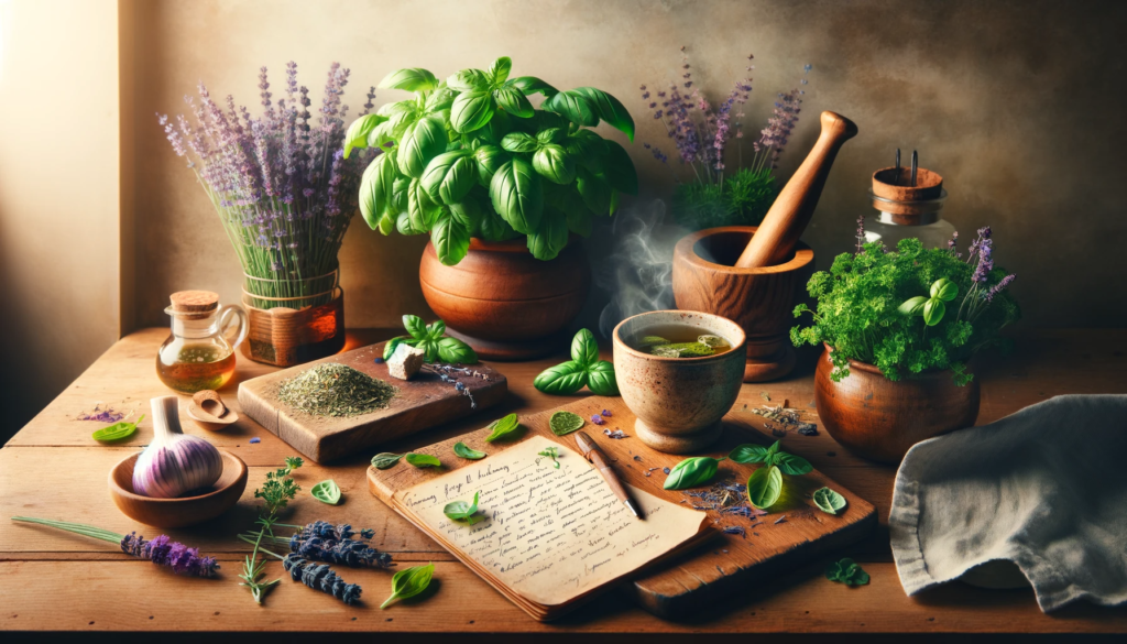 A-cozy-kitchen-scene-with-fresh-herbs-like-basil-mint-and-lavender-arranged-on-a-wooden-countertop.-Theres-a-mortar-and-pestle-with-some-crushed