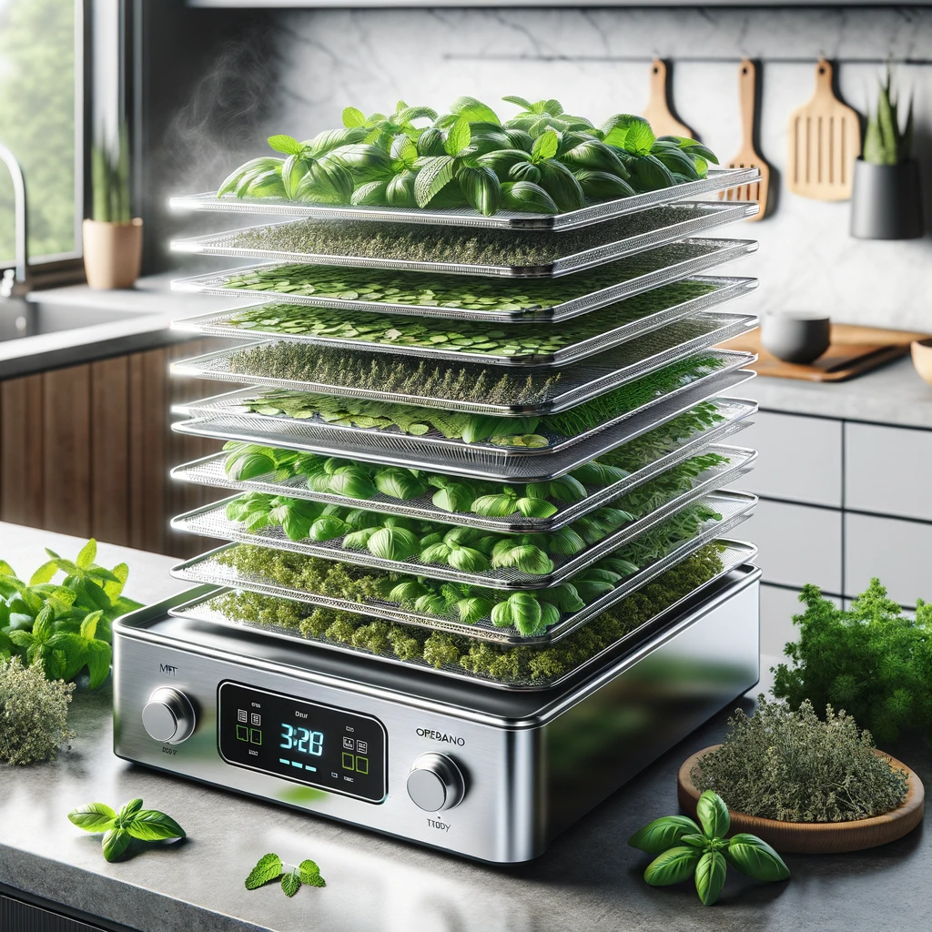 An-image-depicting-the-use-of-a-dehydrator-for-drying-herbs.-The-scene-shows-a-modern-kitchen-with-a-sleek-stainless-steel-dehydrator-on-the-counter