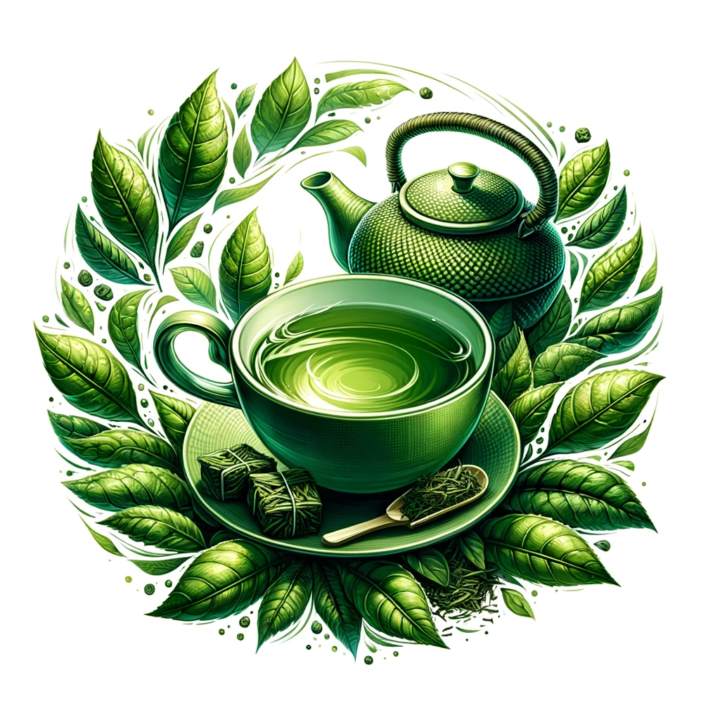 Artistic-illustration-of-a-cup-of-green-tea-surrounded-by-green-tea-leaves-and-a-teapot.-The-image-emphasizes-the-natural-green-color-and-freshness