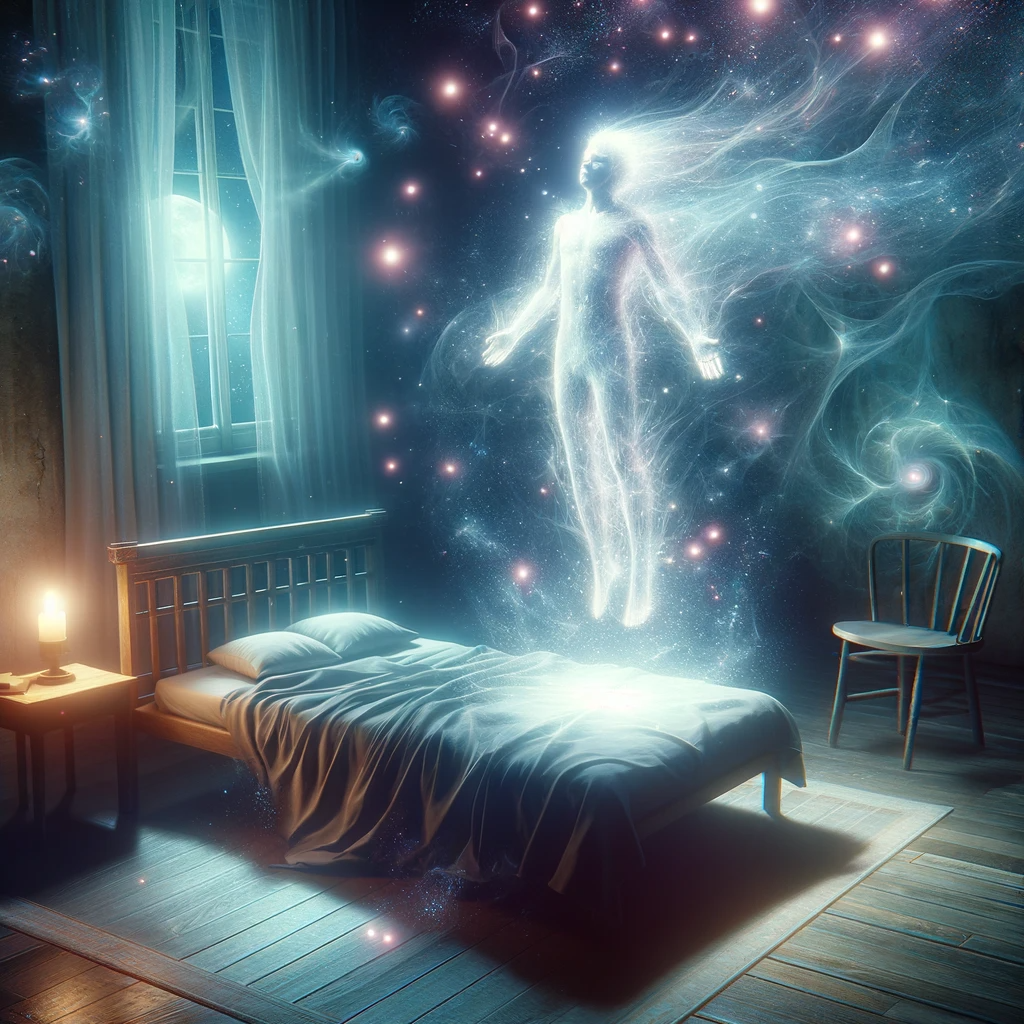 ·E 2023 11 18 09.50.29   A mystical image depicting a person experiencing an out of body experience, representing astral projection. The scene shows the person's ethereal form.png