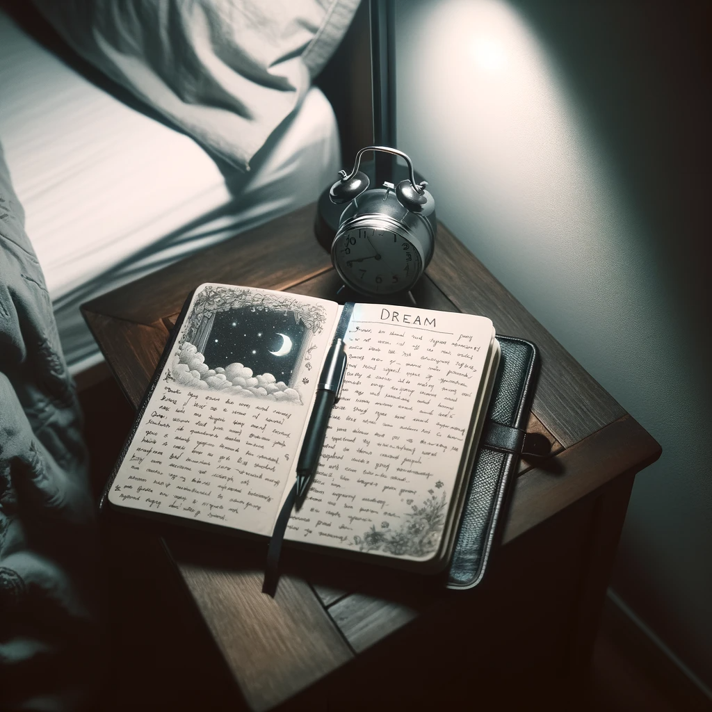 ·E 2023 11 18 10.55.05   A dream journal open on a nightstand next to a bed, with a pen resting on it. The page of the journal is filled with handwritten notes about dreams. T.png