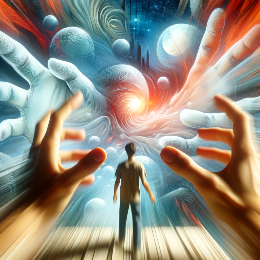 ·E 2023 11 18 10.55.07   A person performing a reality check in a dream by looking at their hands, which appear blurry and distorted. The background is a dream like environmen.png