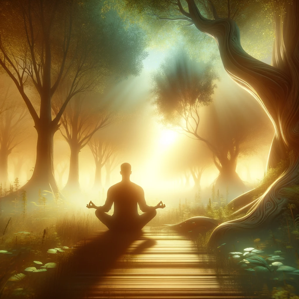 ·E 2023 11 18 10.55.09   An image showing a tranquil meditation scene with a person sitting cross legged in a peaceful, nature filled setting. The environment is serene, with .png