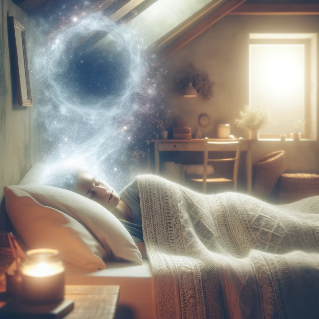 ·E 2023 11 19 03.39.03   An image depicting a person peacefully sleeping in a cozy bedroom, with a faint, ethereal glow around their head, representing the onset of a lucid dr.png