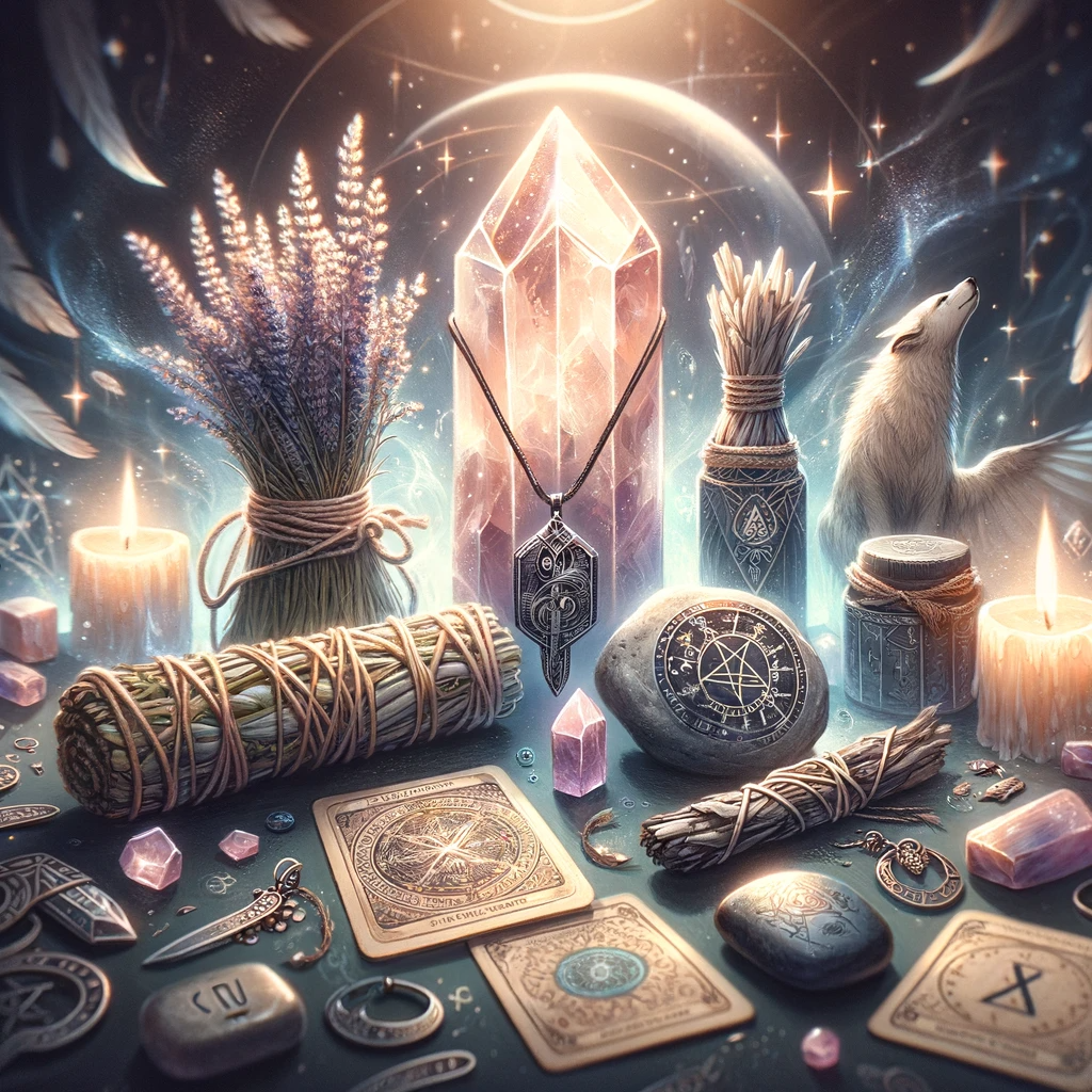 ·E 2023 11 19 10.45.51   A featured image for a blog about talismans, showing an array of mystical objects including a crystal pendant, a rune stone, a sage bundle, and a taro.png