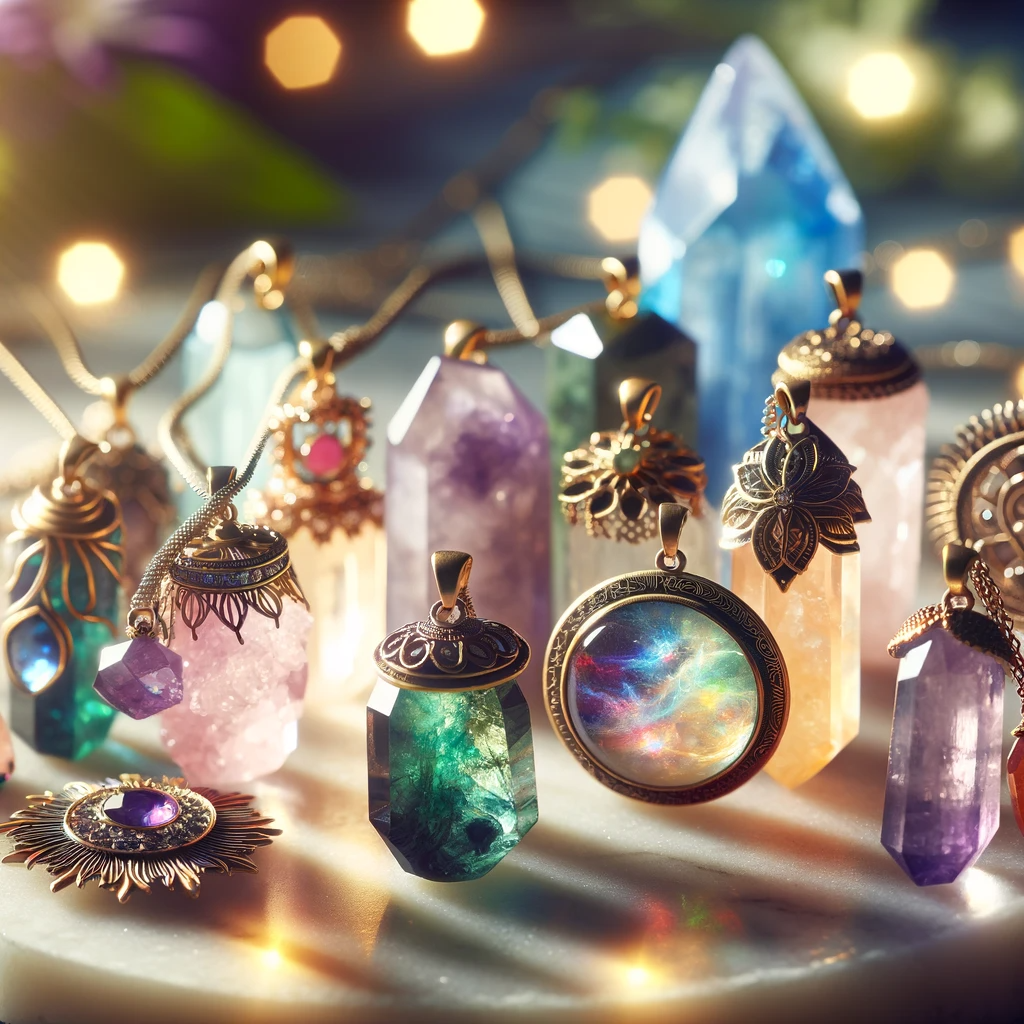 ·E 2023 11 19 11.14.55   An image for a blog article, showcasing a variety of crystal pendants. The pendants are elegantly displayed, each with a unique design and vibrant col.png