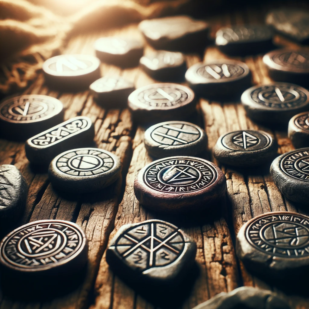 ·E 2023 11 19 11.14.56   An artistic image for a blog post, depicting a set of Norse rune stones. The runes are spread out on a rustic wooden surface, each stone carved with a.png