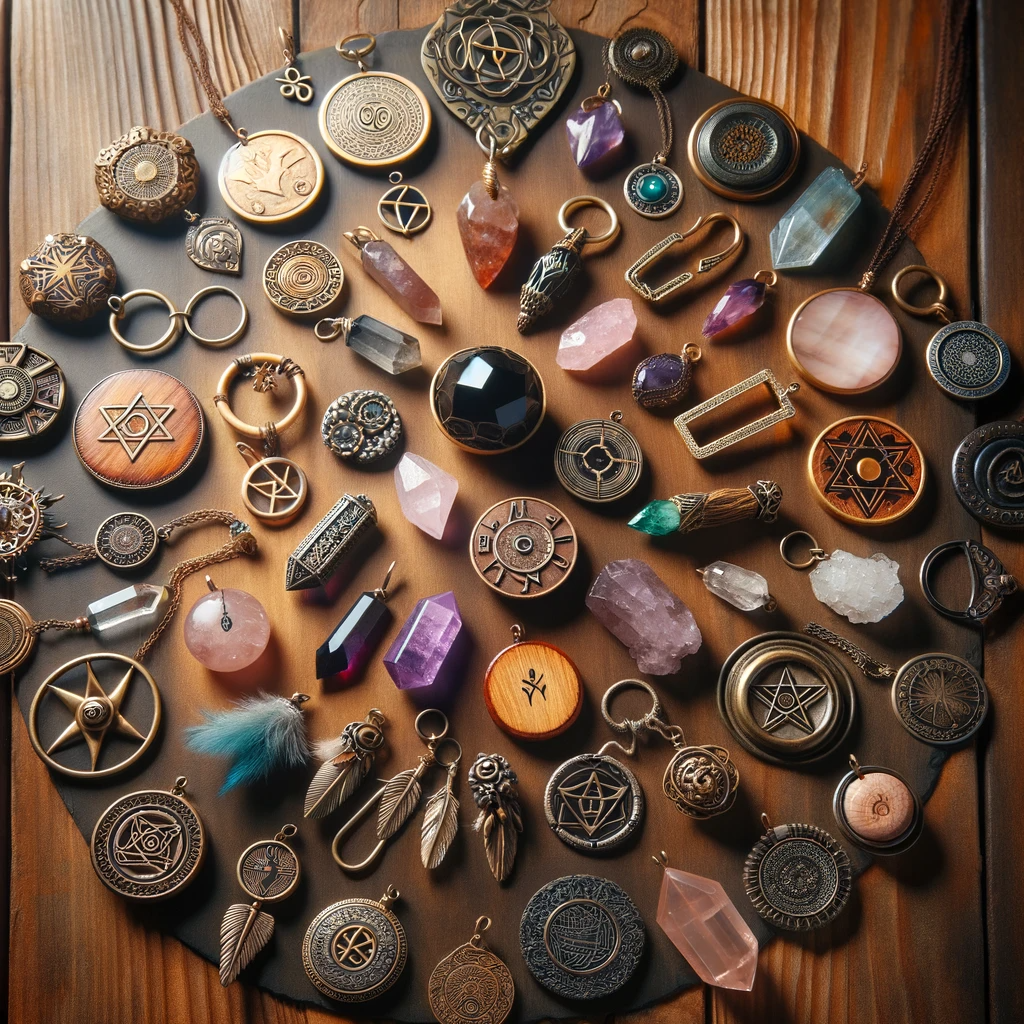 ·E 2023 11 19 11.15.05   Create an image for a blog post about amulets, showing an assortment of amulets arranged in a circular pattern on a wooden table. The collection inclu.png