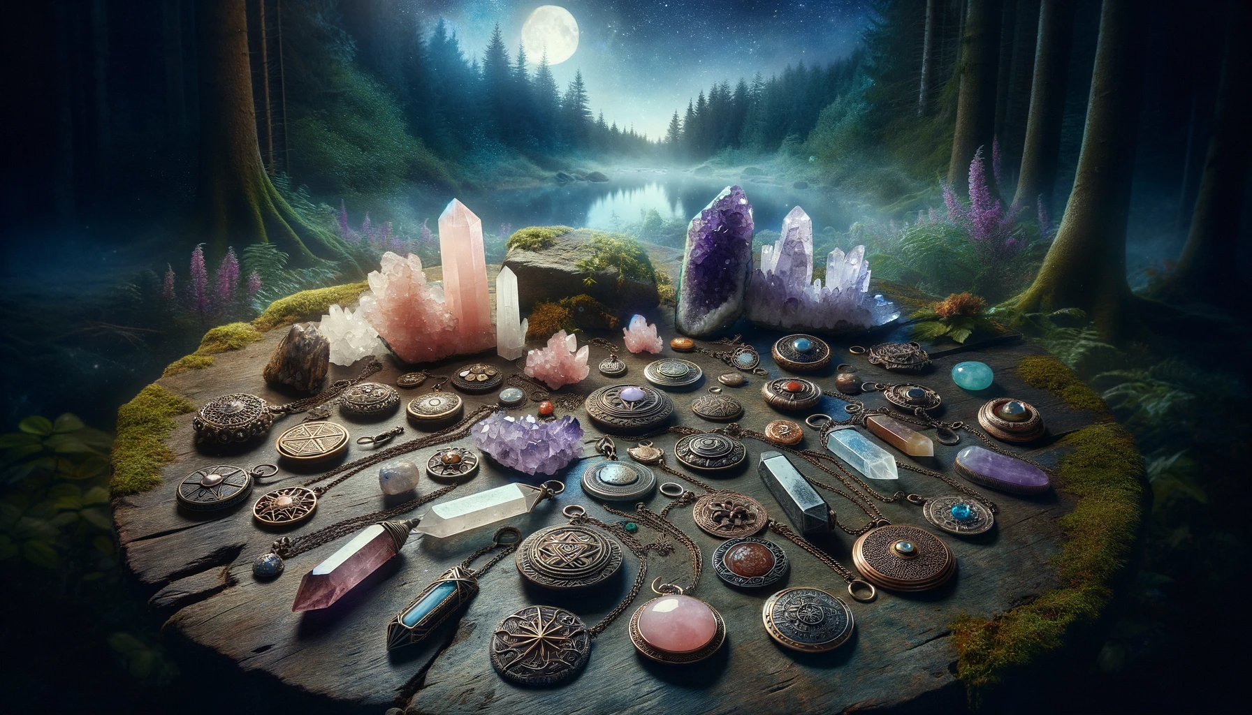 ·E 2023 11 19 11.31.07   A mystical and enchanting landscape featuring a variety of amulets scattered across an ancient stone table. The table is set in a tranquil forest clea.png