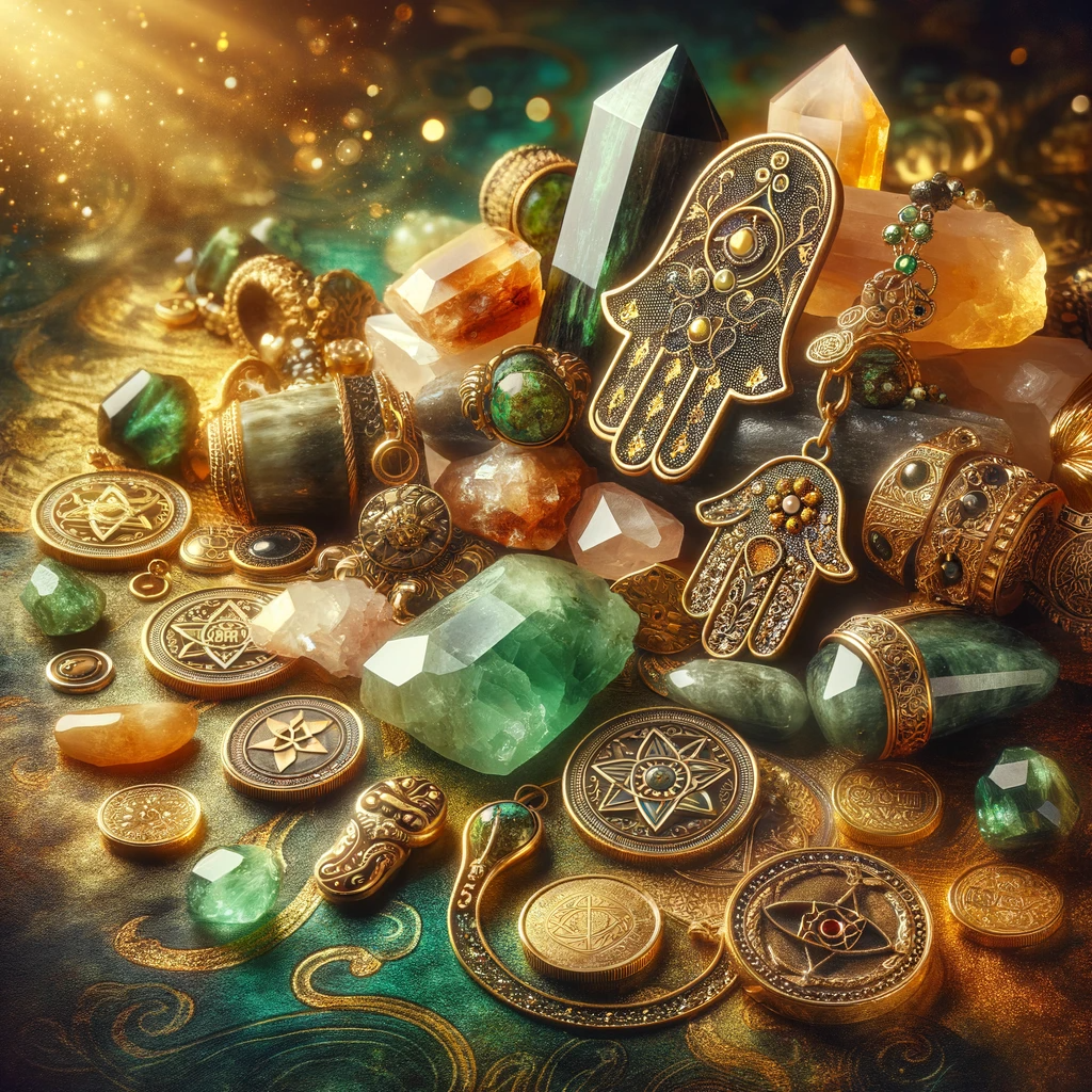 ·E 2023 11 20 03.03.22   A featured image for an article about wealth attracting amulets. The image shows a variety of amulets such as jade charms, citrine crystals, pyrite, g.png