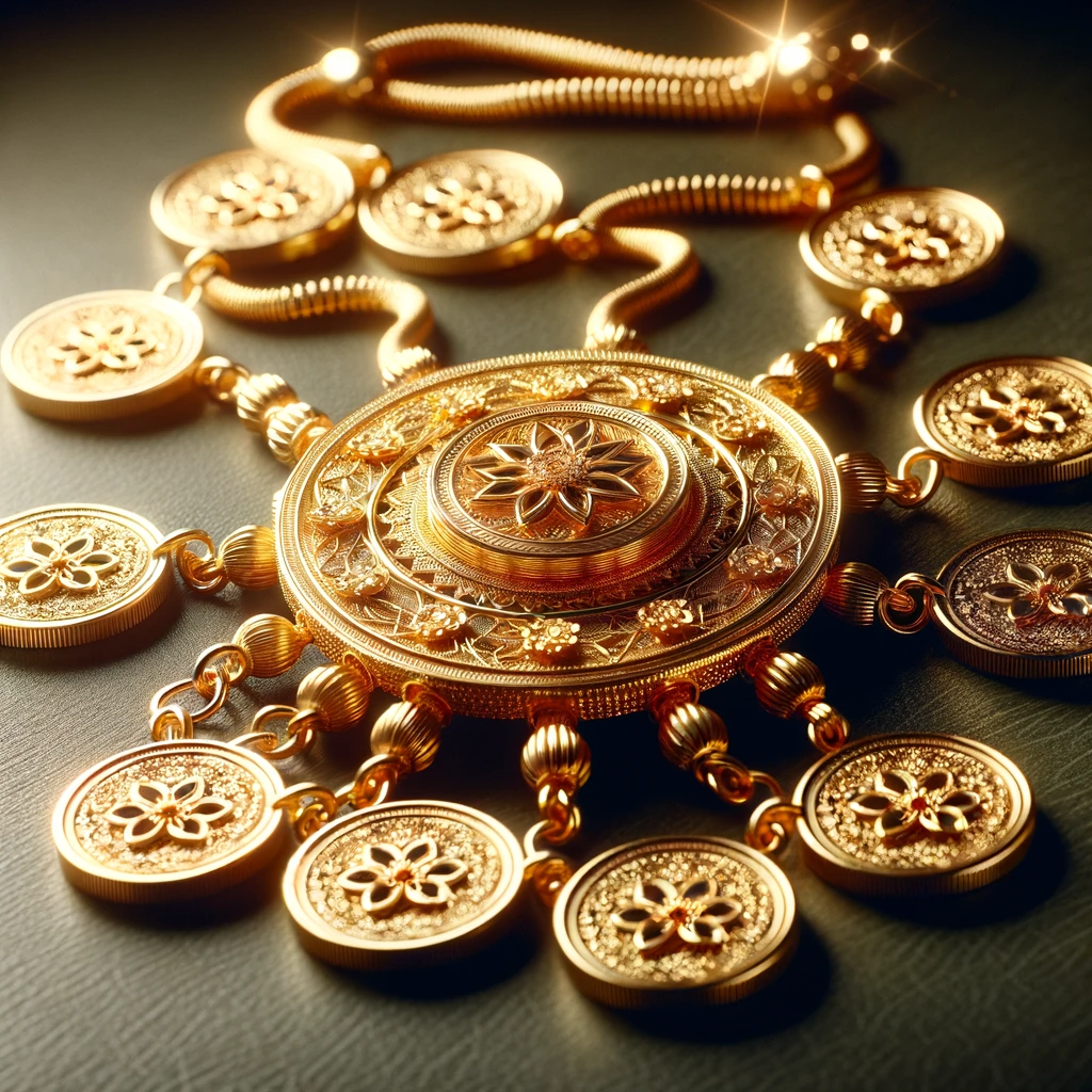 ·E 2023 11 20 03.03.30   An image featuring an amulet made from gold coins, a direct symbol of wealth. The amulet consists of intricately designed gold coins linked together, .png