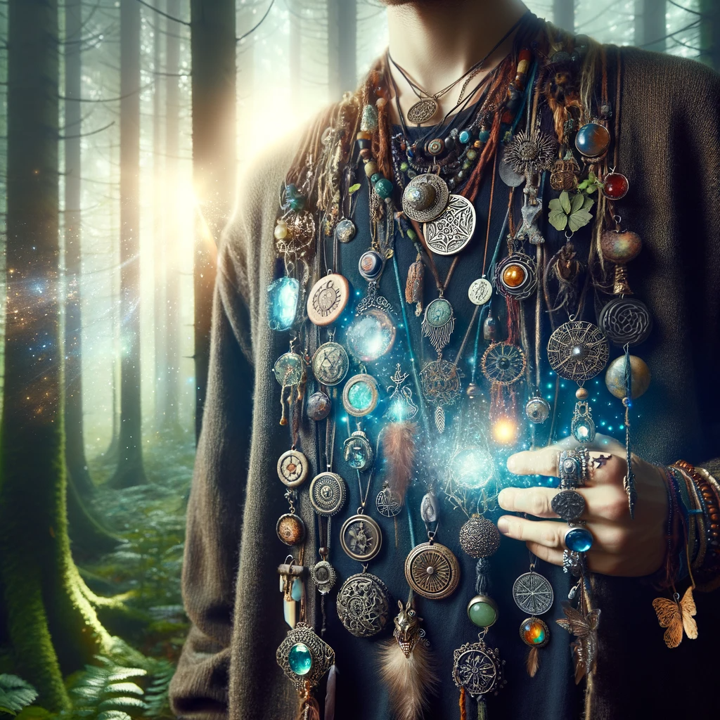 ·E 2023 11 20 11.09.26   A captivating image of a person wearing an assortment of amulets and talismans, each unique in design and purpose. They stand in a mystical forest, su.png