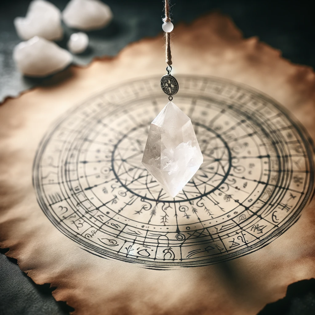 ·E 2023 11 20 11.09.31   A mystical pendulum made of clear quartz, suspended in mid air, swinging gently over a circle of ancient symbols drawn on parchment. The pendulum exud.png