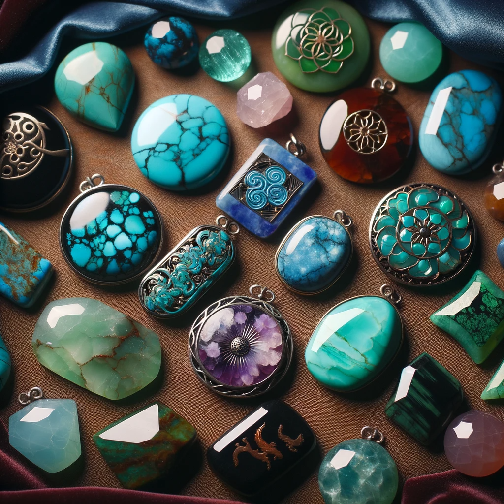 ·E 2023 11 20 11.09.34   A collection of various gemstone amulets, including turquoise, black tourmaline, and jade, displayed on a velvet cloth. Each gemstone is cut and polis.png