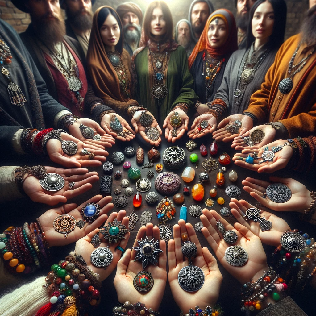 ·E 2023 11 20 11.27.21   An enchanting image capturing a diverse group of people from various cultures, each wearing their traditional amulets. The scene should highlight the .png