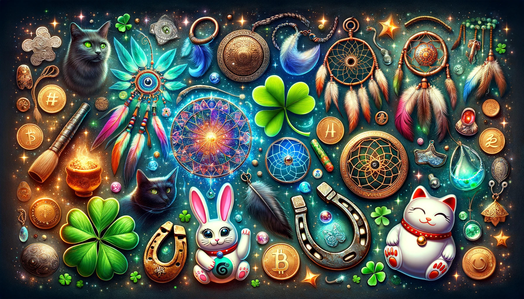 ·E 2023 11 21 03.59.54   A mystical and enchanting featured blog image for an article about popular good luck talismans. The image should be vibrant and colorful, depicting a .png