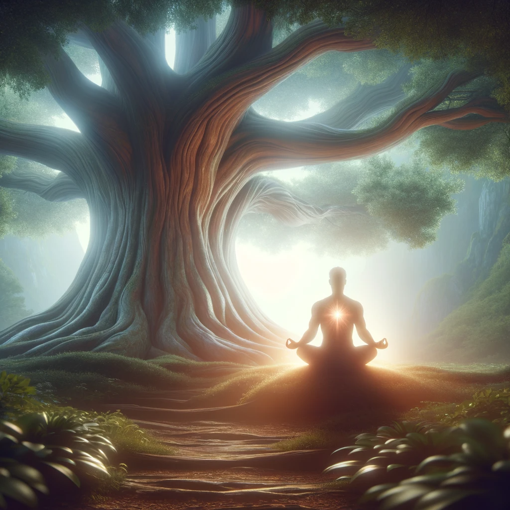 ·E 2023 11 21 04.53.45   A person sitting in a meditative pose under a large, ancient tree, with a soft light emanating from their heart center. The scene is tranquil and spir.png