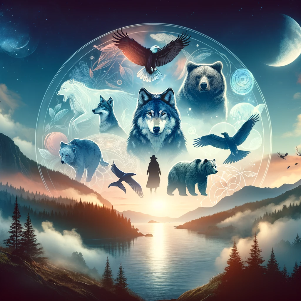 ·E 2023 11 21 04.58.50   A mystical and serene landscape with a transparent overlay of various spirit animals like wolf, eagle, bear, and dolphin in the sky, symbolizing guida.png
