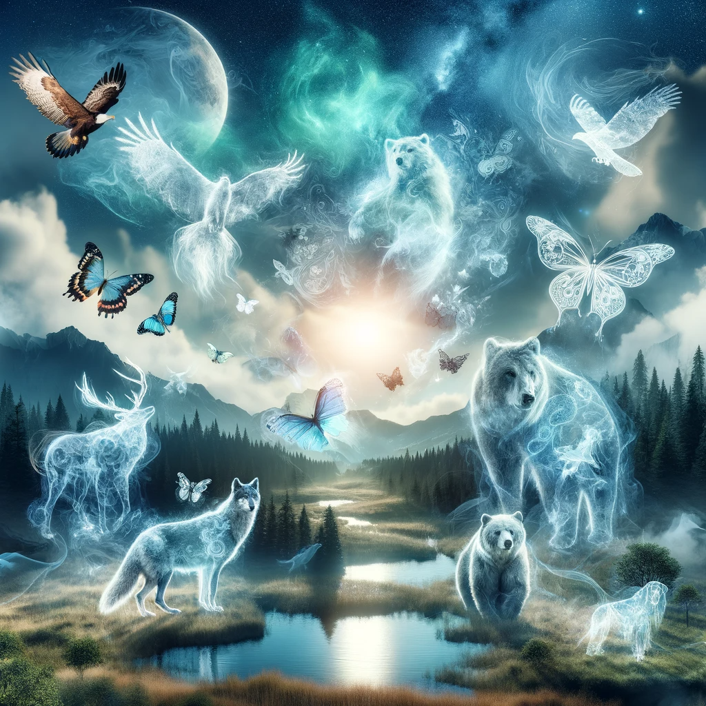 ·E 2023 11 21 11.46.05   A mystical and ethereal landscape with various spirit animals like wolves, bears, eagles, and butterflies appearing in the sky, symbolizing protection.png