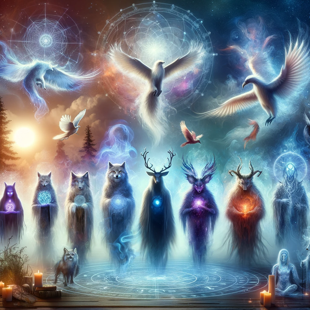 ·E 2023 11 21 11.46.28   An image showcasing different types of animal guides   totem animals, familiar spirits, and spirit animals in a mystical setting. The scene depicts a .png