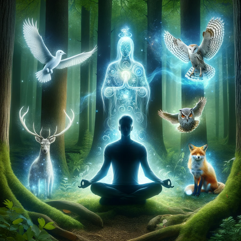 ·E 2023 11 21 13.18.32   An individual meditating in a forest, surrounded by a variety of animal spirits, each symbolizing different aspects of spiritual guidance. The animal .png