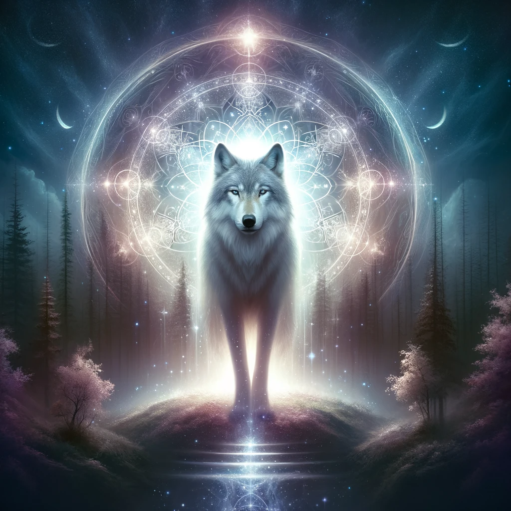 ·E 2023 11 24 05.09.37   An artistic depiction of a wolf in a mystical forest setting, radiating a powerful aura that symbolizes guidance and intuition. The wolf should appear.png