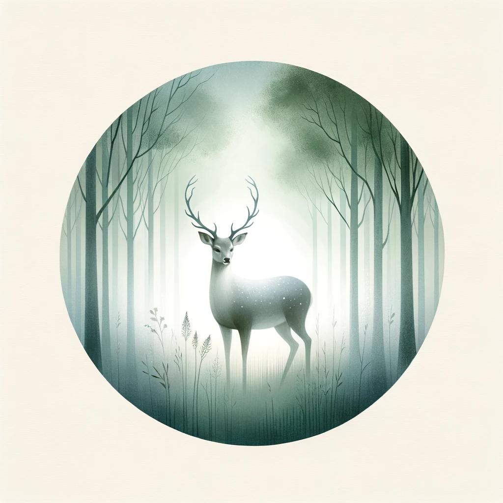 ·E 2023 11 24 05.09.45   A gentle and serene illustration of a deer in a tranquil forest, embodying intuition and grace. The deer should be depicted standing amidst a misty fo.png